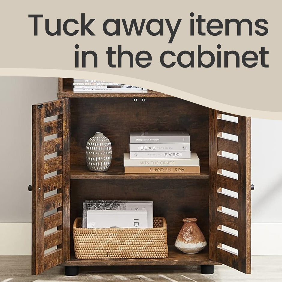 Floor Standing Cabinet – MDF – Rustic Brown – Louvered Doors, Height-Adjustable Shelf