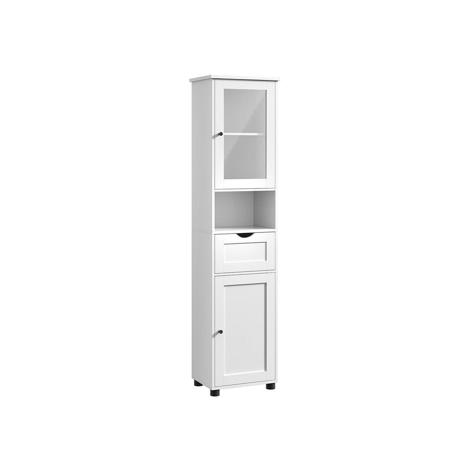 Free-Standing Bathroom Cabinet – Wood – Cloud White – Slim Design with Open Shelf and Adjustable Height Shelves