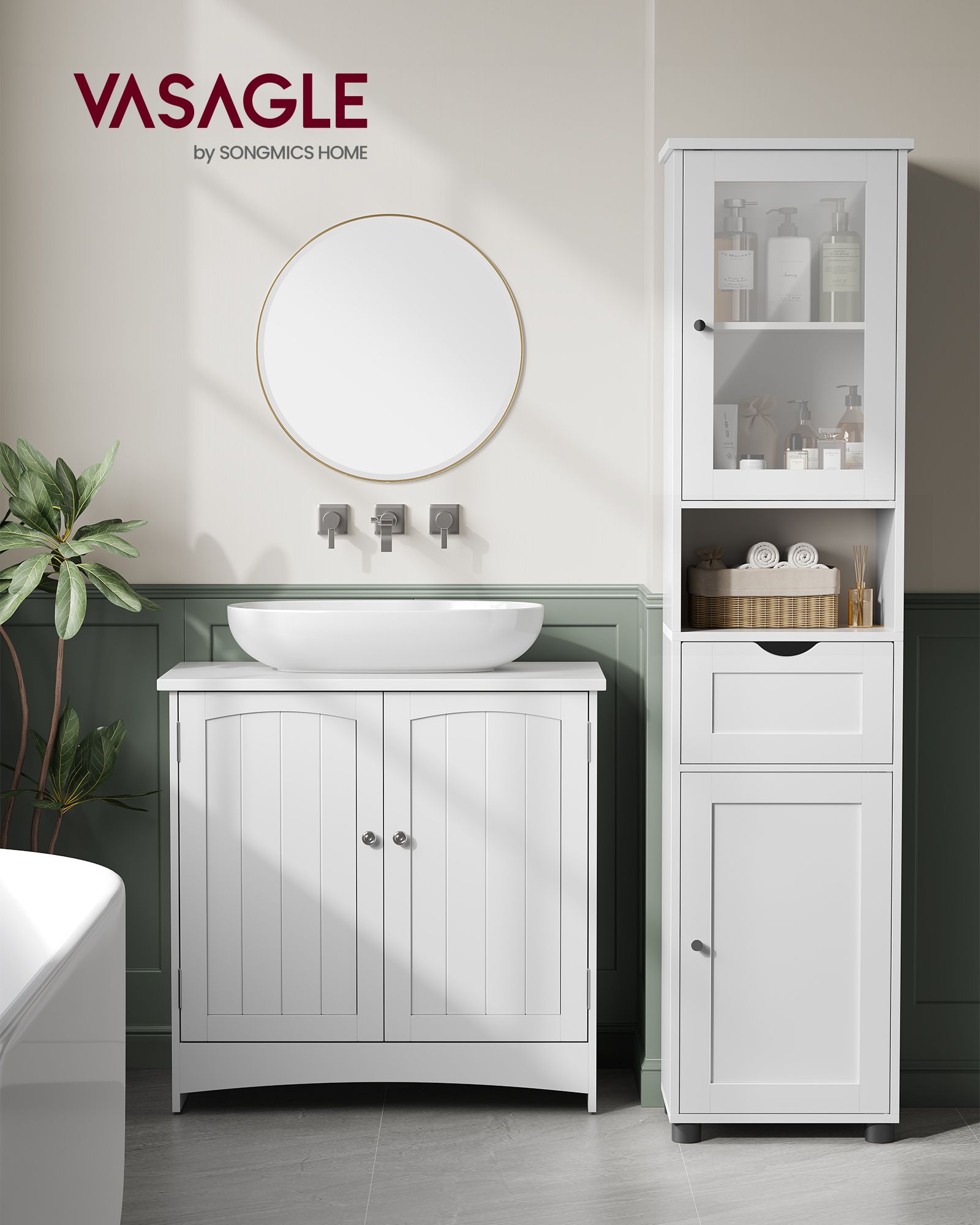 Free-Standing Bathroom Cabinet – Wood – Cloud White – Slim Design with Open Shelf and Adjustable Height Shelves