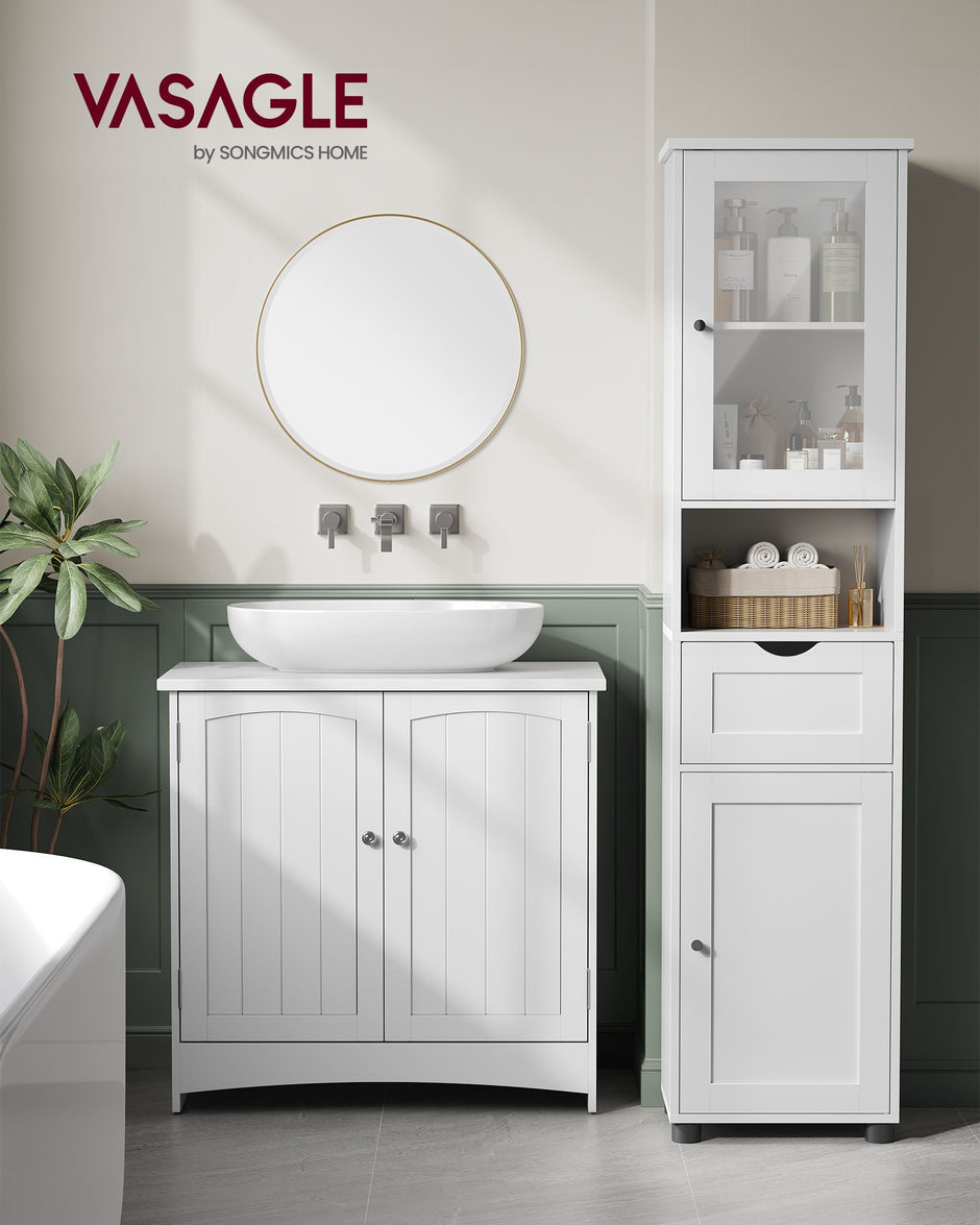Free-Standing Bathroom Cabinet – Wood – Cloud White – Slim Design with Open Shelf and Adjustable Height Shelves