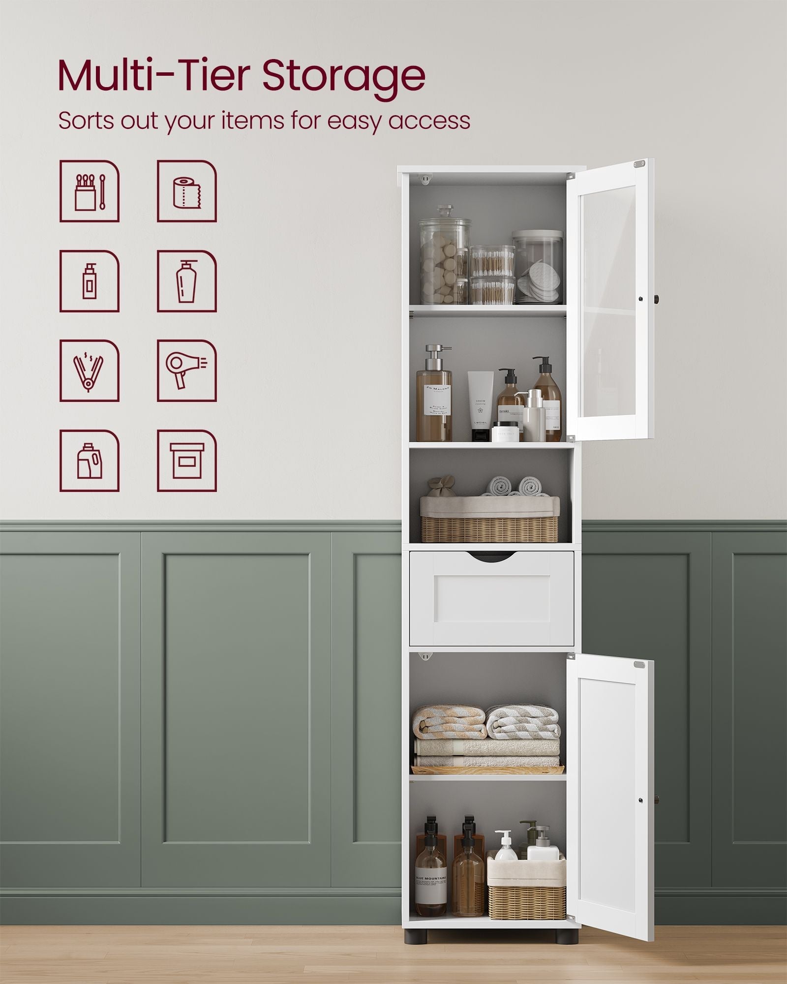 Free-Standing Bathroom Cabinet – Wood – Cloud White – Slim Design with Open Shelf and Adjustable Height Shelves