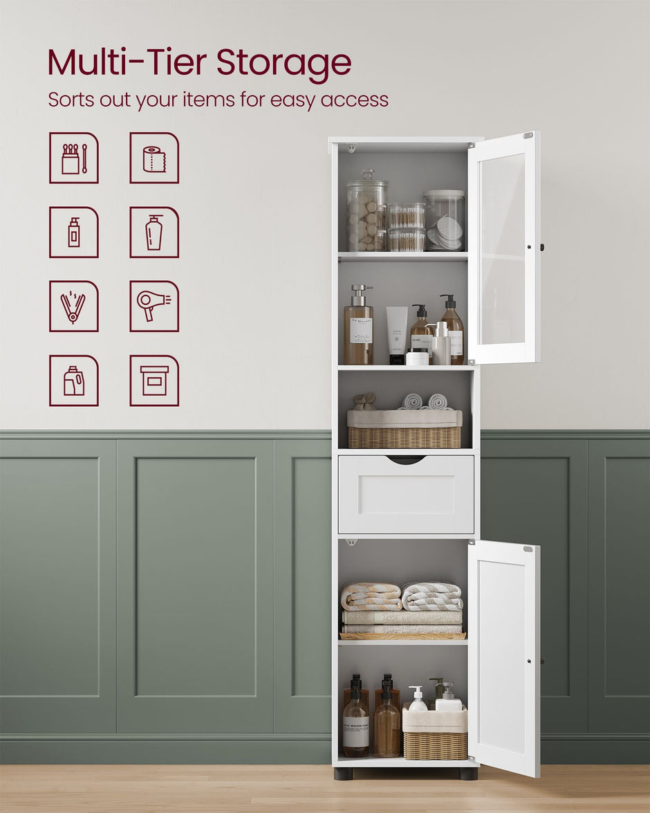 Free-Standing Bathroom Cabinet – Wood – Cloud White – Slim Design with Open Shelf and Adjustable Height Shelves