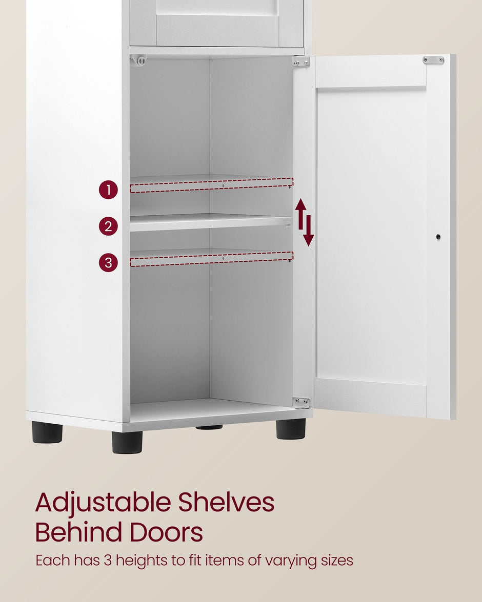 Free-Standing Bathroom Cabinet – Wood – Cloud White – Slim Design with Open Shelf and Adjustable Height Shelves