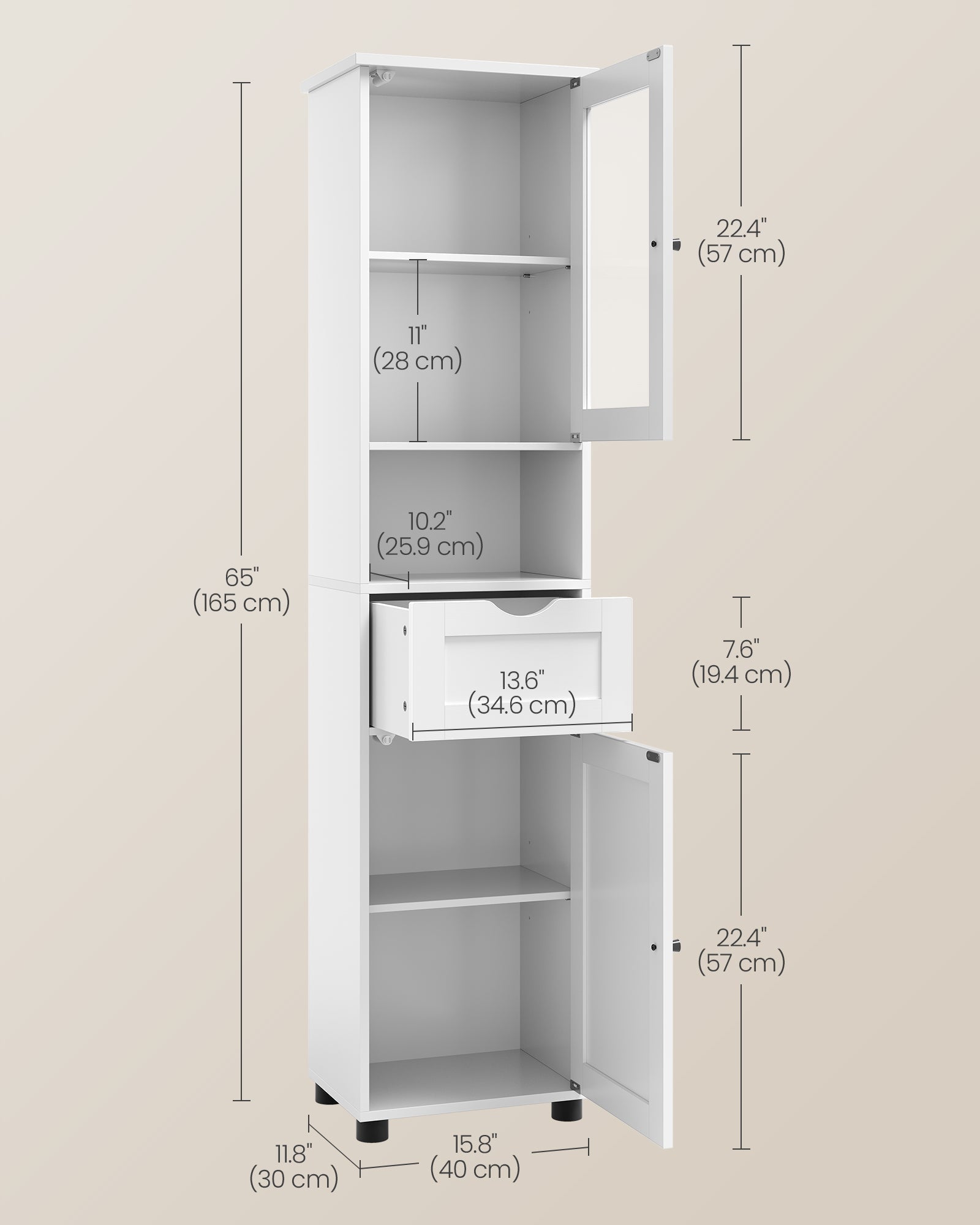 Free-Standing Bathroom Cabinet – Wood – Cloud White – Slim Design with Open Shelf and Adjustable Height Shelves