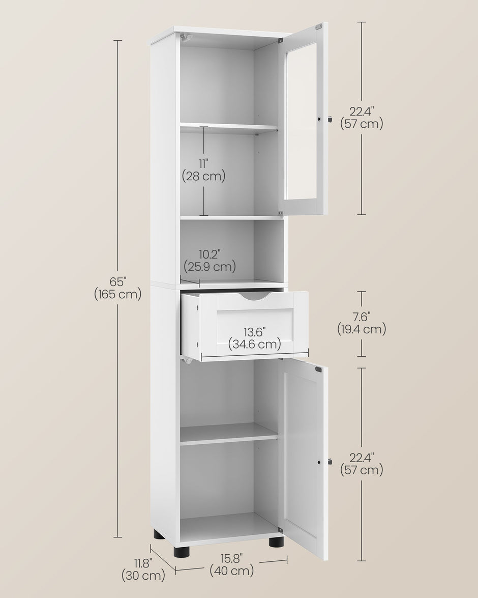 Free-Standing Bathroom Cabinet – Wood – Cloud White – Slim Design with Open Shelf and Adjustable Height Shelves