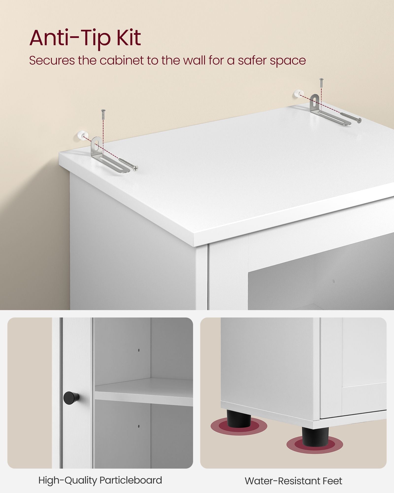 Free-Standing Bathroom Cabinet – Wood – Cloud White – Slim Design with Open Shelf and Adjustable Height Shelves
