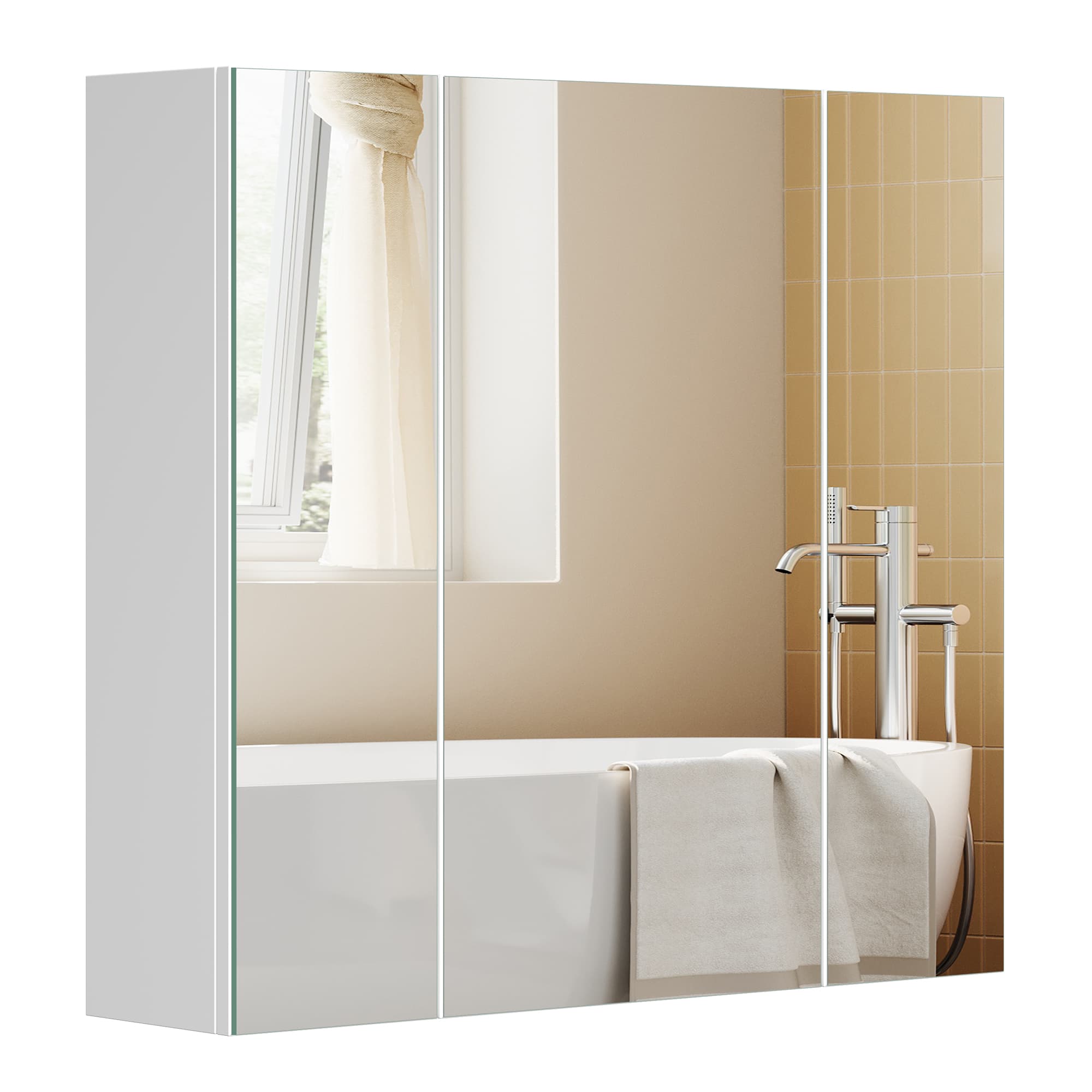 Wall-mounted Storage Cabinet – MDF – White – Three-Door with Mirrors and Adjustable Shelf