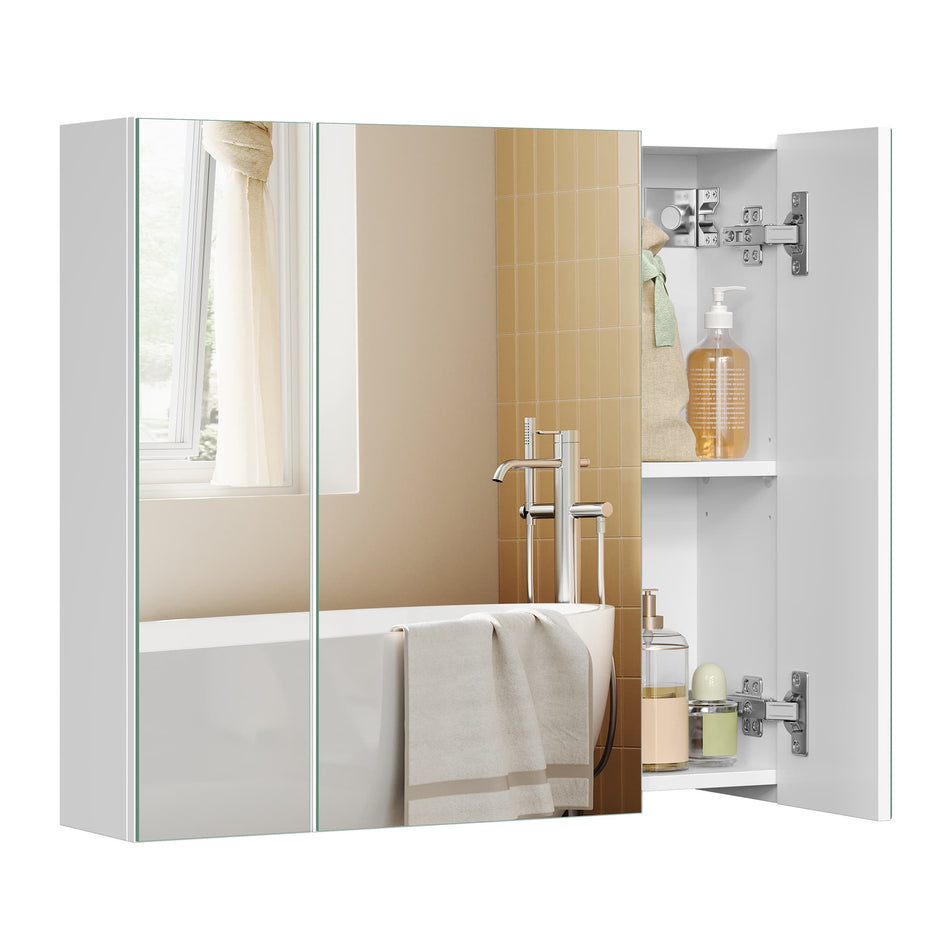 Wall-mounted Storage Cabinet – MDF – White – Three-Door with Mirrors and Adjustable Shelf
