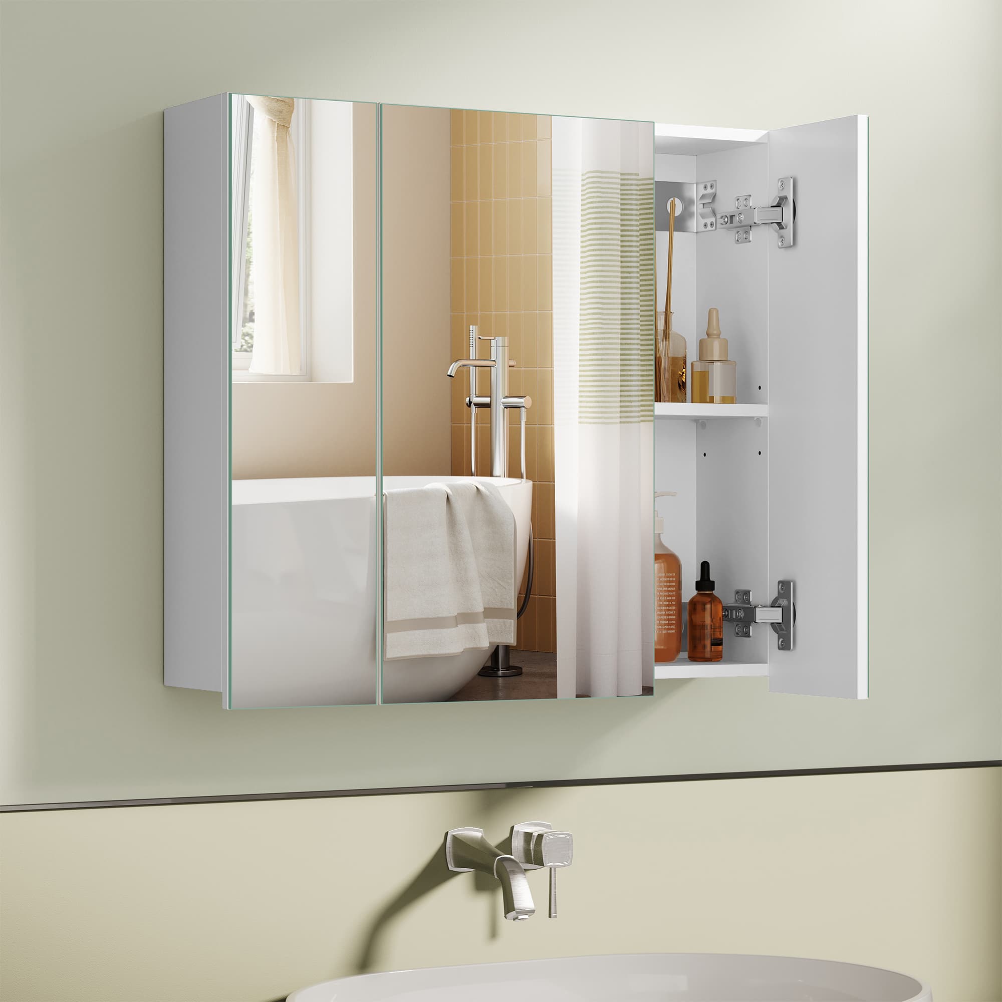 Wall-mounted Storage Cabinet – MDF – White – Three-Door with Mirrors and Adjustable Shelf