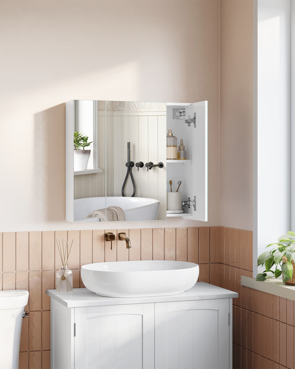 Wall-mounted Storage Cabinet – MDF – White – Three-Door with Mirrors and Adjustable Shelf