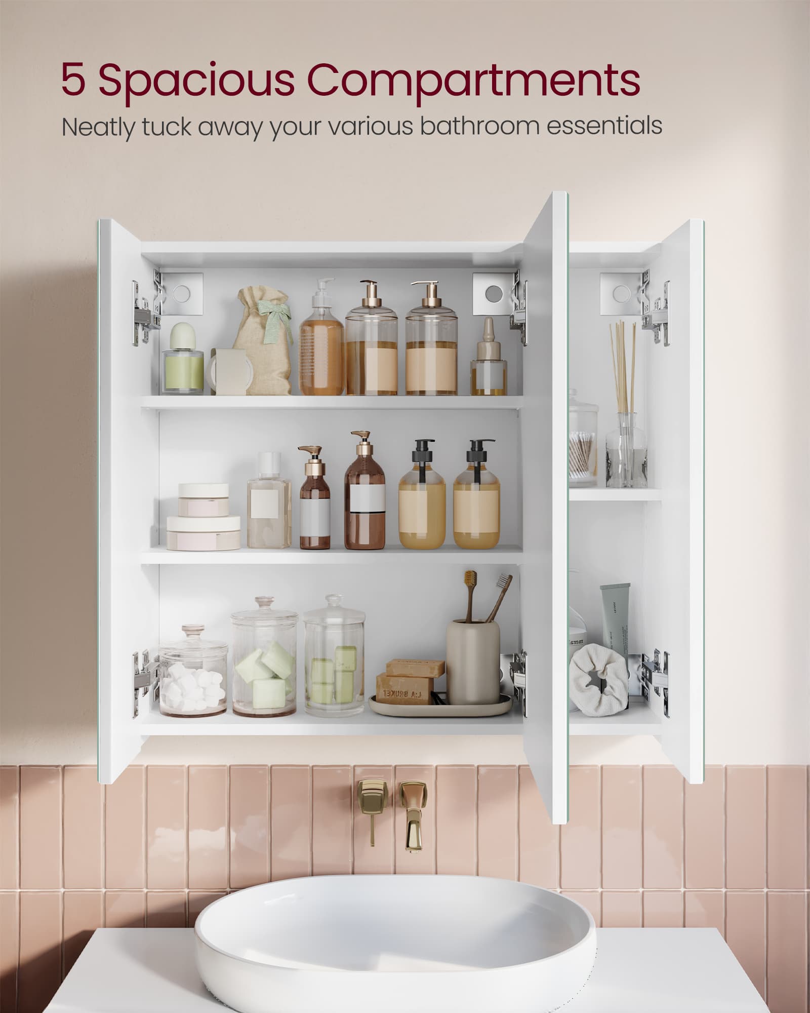 Wall-mounted Storage Cabinet – MDF – White – Three-Door with Mirrors and Adjustable Shelf