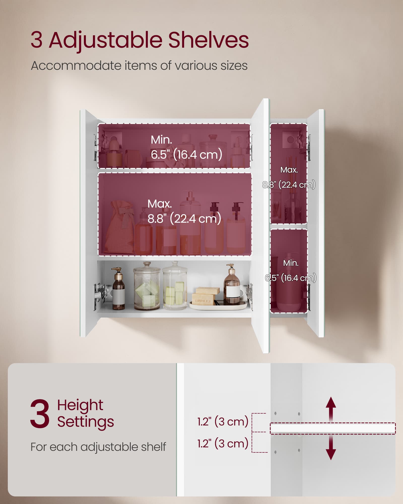 Wall-mounted Storage Cabinet – MDF – White – Three-Door with Mirrors and Adjustable Shelf