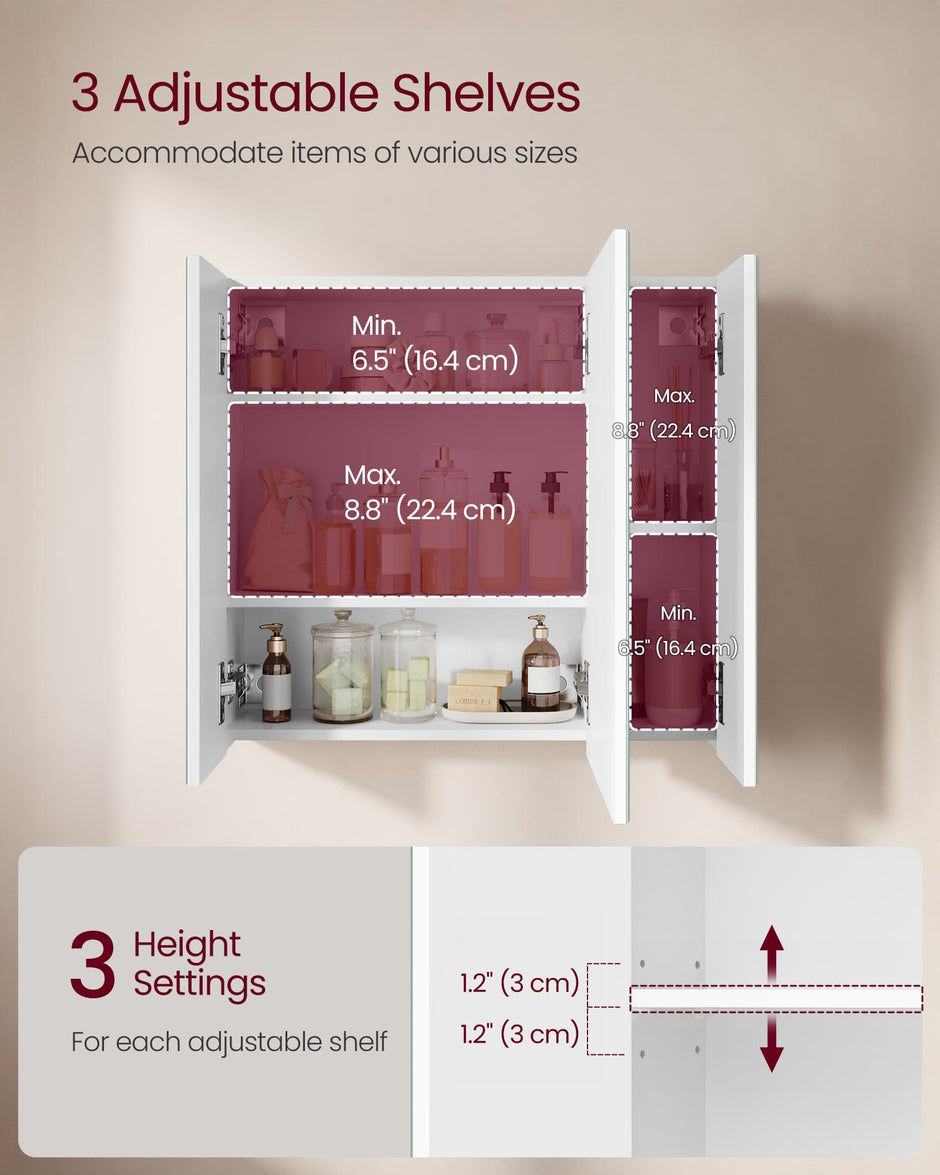 Wall-mounted Storage Cabinet – MDF – White – Three-Door with Mirrors and Adjustable Shelf