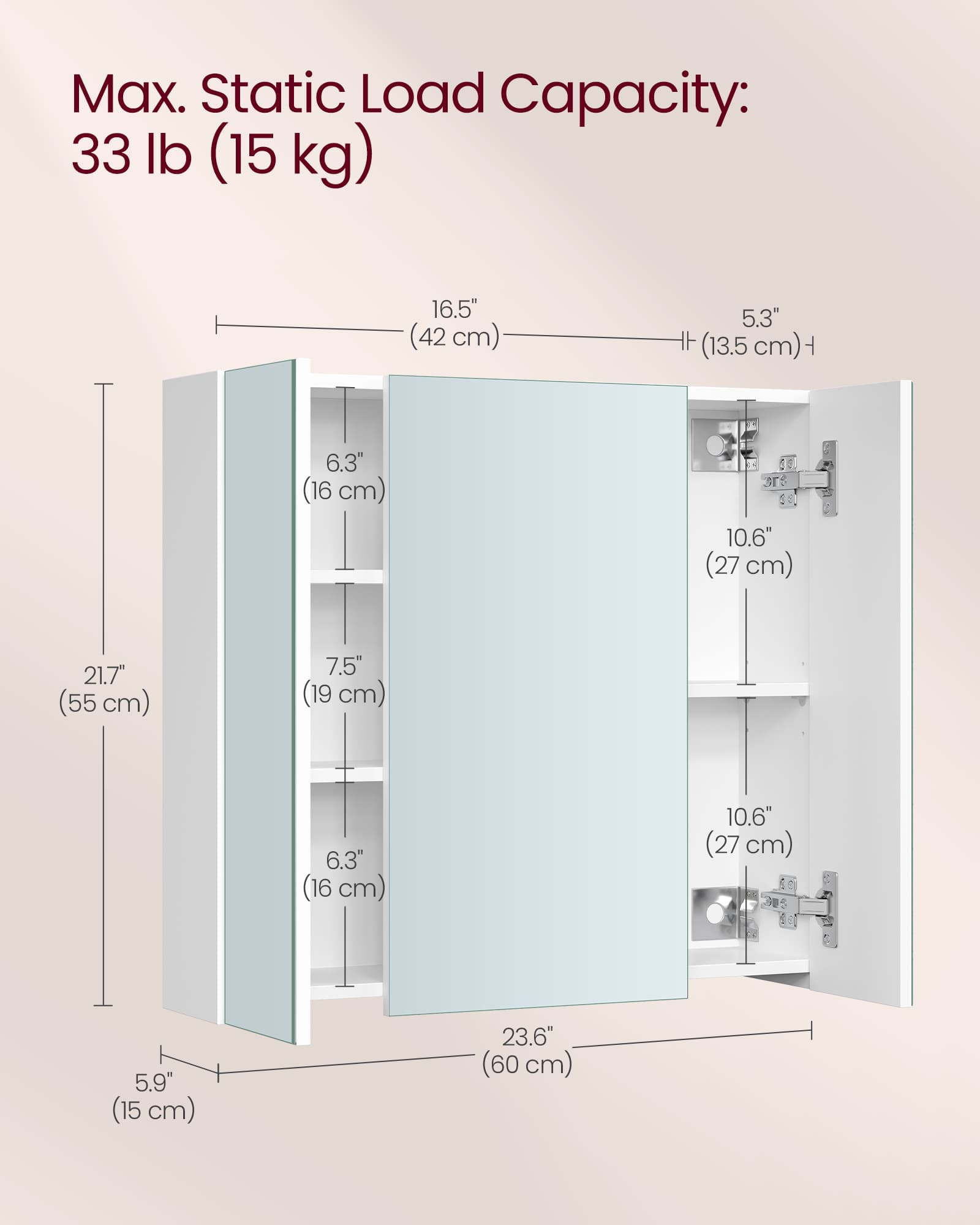 Wall-mounted Storage Cabinet – MDF – White – Three-Door with Mirrors and Adjustable Shelf