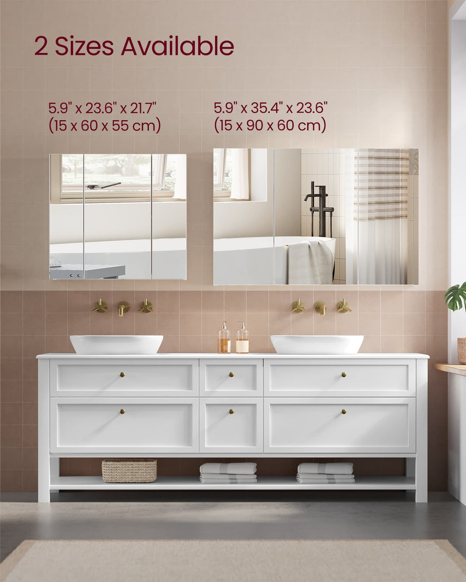 Wall-mounted Storage Cabinet – MDF – White – Three-Door with Mirrors and Adjustable Shelf