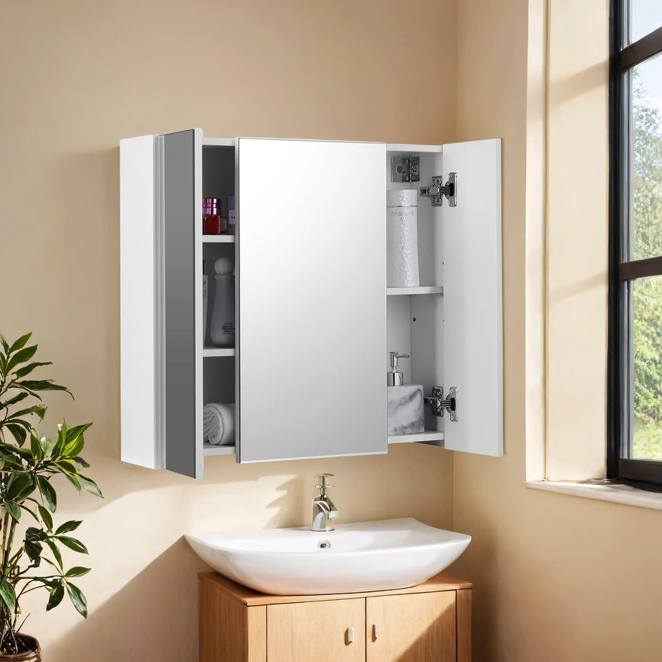 Wall-Mounted Bathroom Storage Cabinet – MDF – White – 3-Door with Adjustable Shelf and Mirror