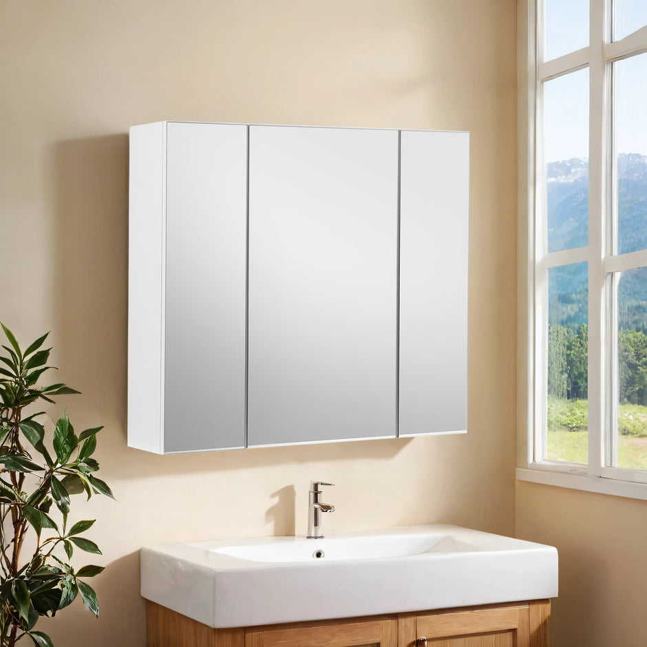 Wall-Mounted Bathroom Storage Cabinet – MDF – White – 3-Door with Adjustable Shelf and Mirror