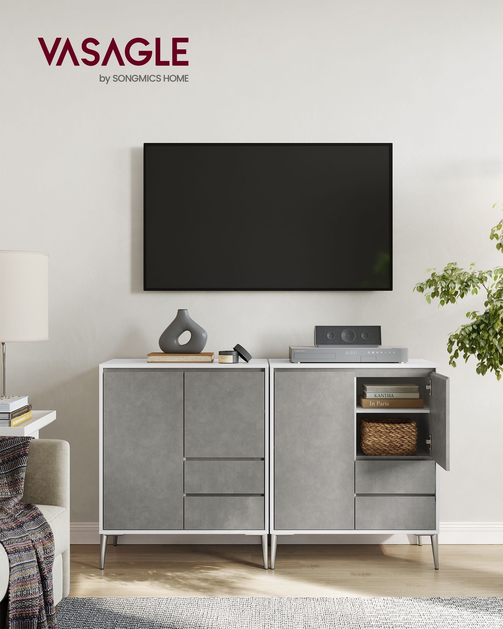 Storage Cabinet – MDF – Concrete Grey – Modern Design with 2 Drawers and Adjustable Shelves
