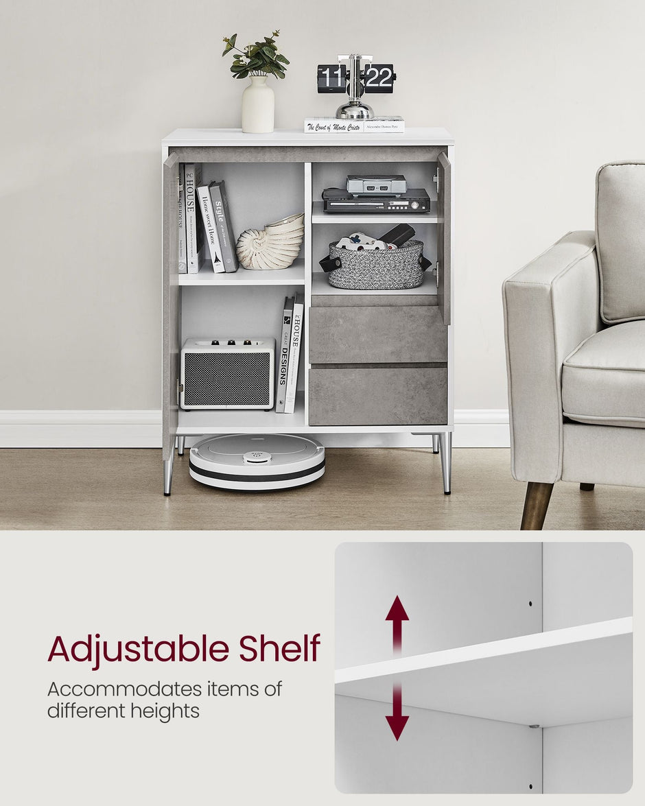 Storage Cabinet – MDF – Concrete Grey – Modern Design with 2 Drawers and Adjustable Shelves