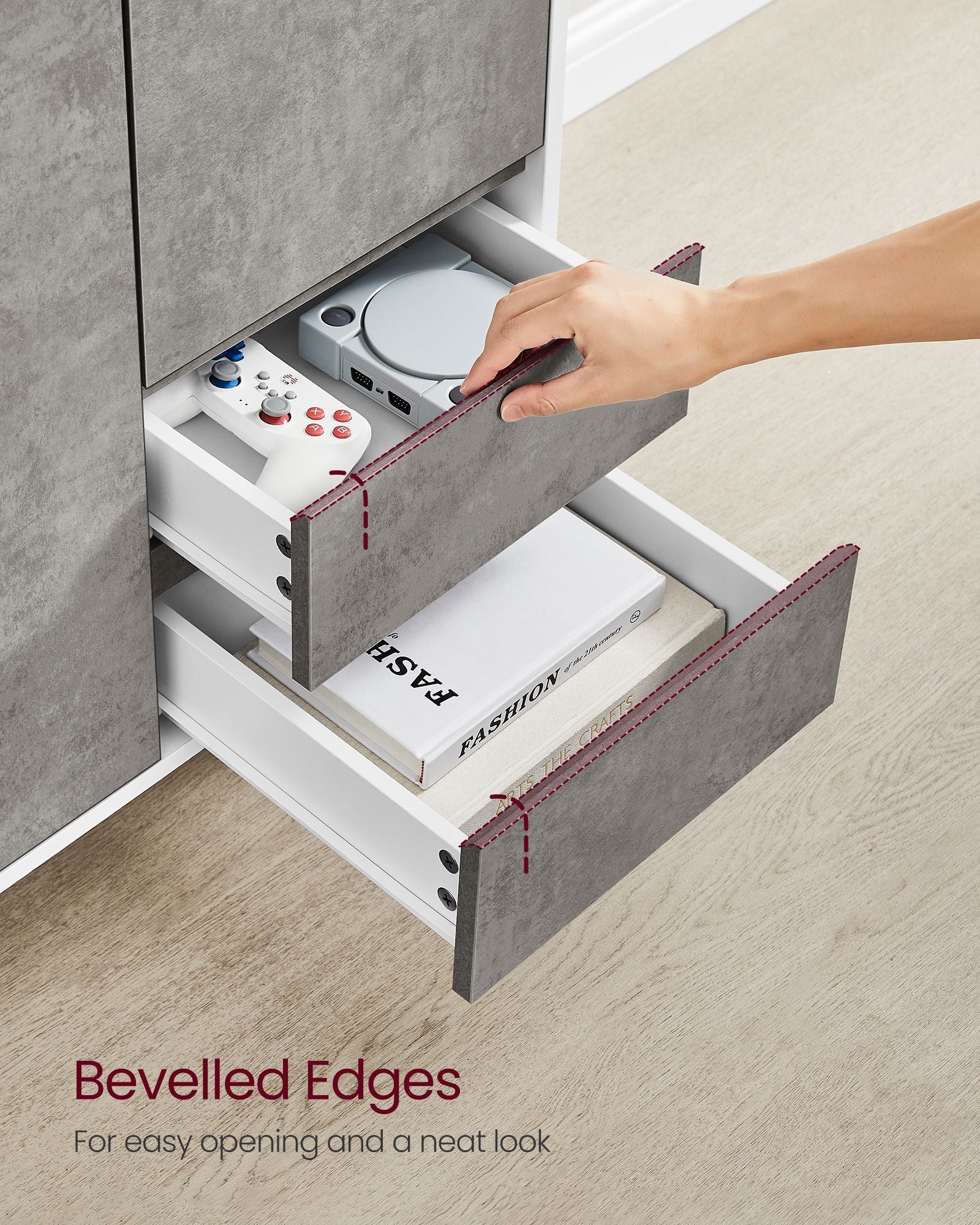 Storage Cabinet – MDF – Concrete Grey – Modern Design with 2 Drawers and Adjustable Shelves