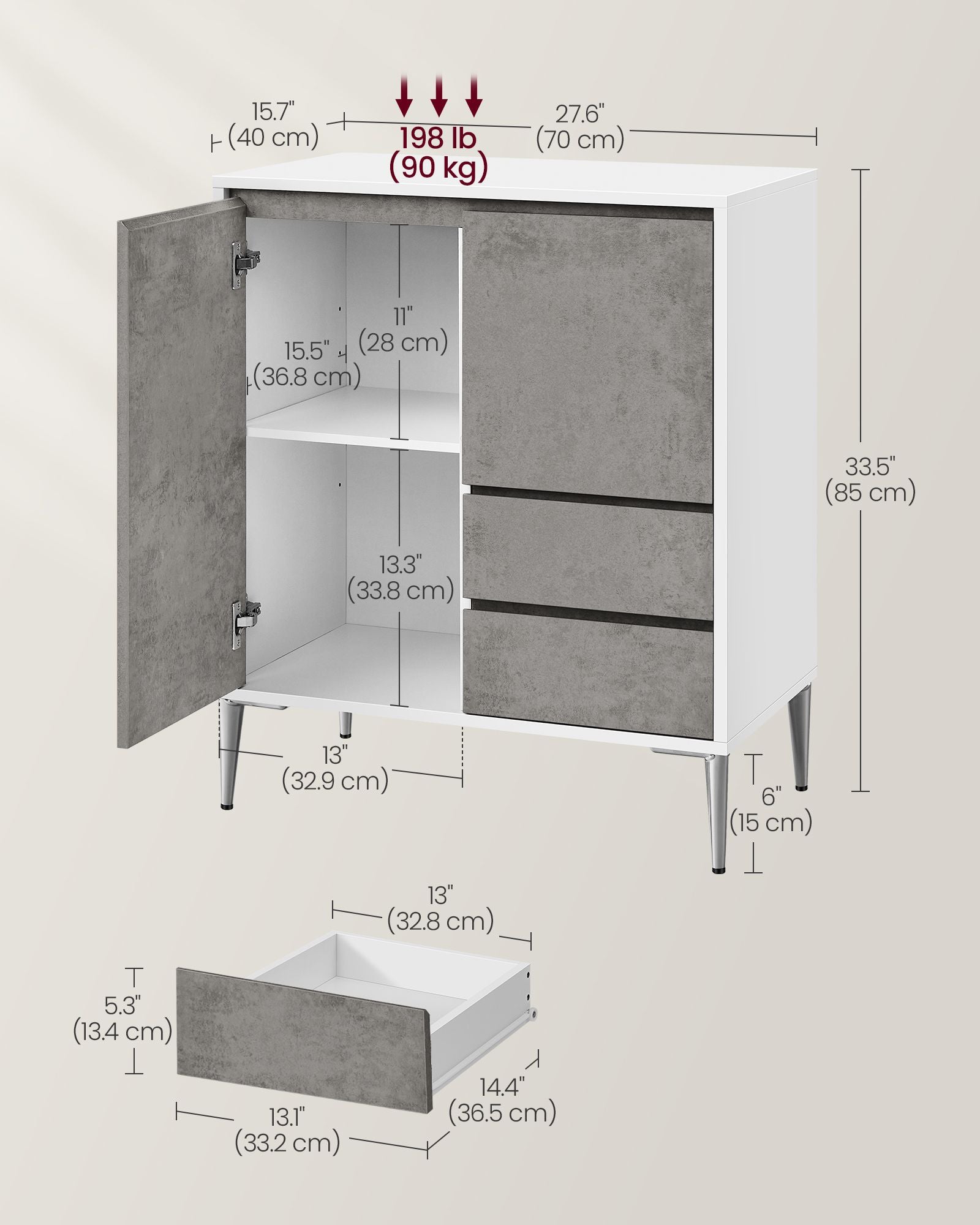 Storage Cabinet – MDF – Concrete Grey – Modern Design with 2 Drawers and Adjustable Shelves