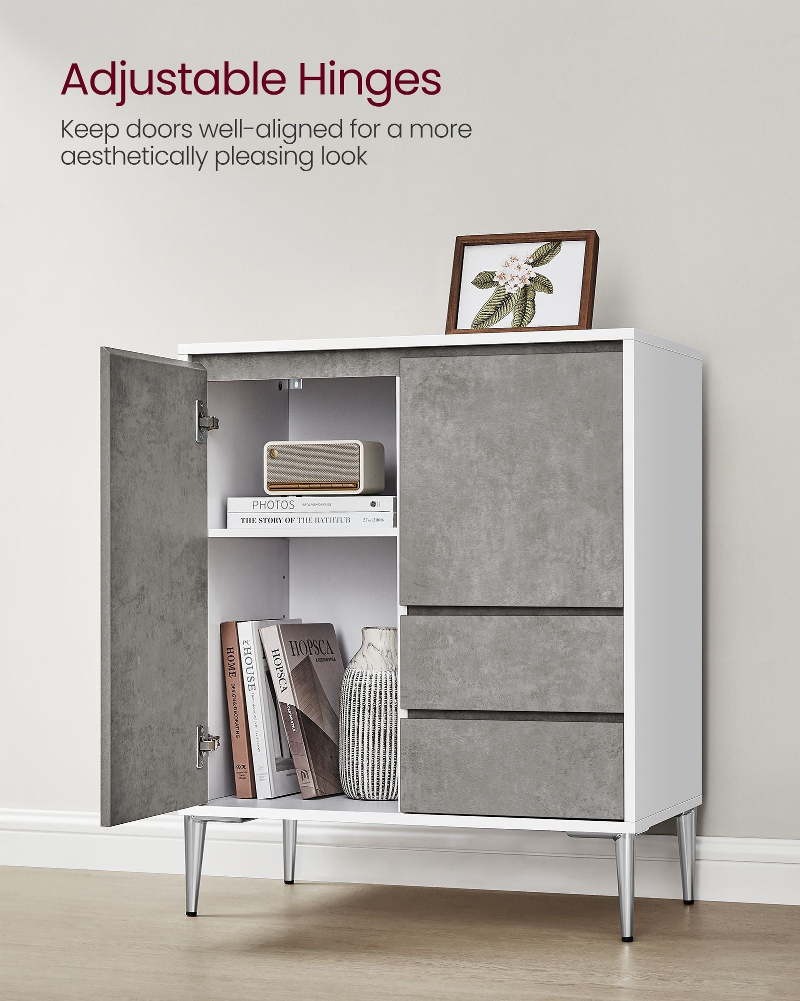 Storage Cabinet – MDF – Concrete Grey – Modern Design with 2 Drawers and Adjustable Shelves