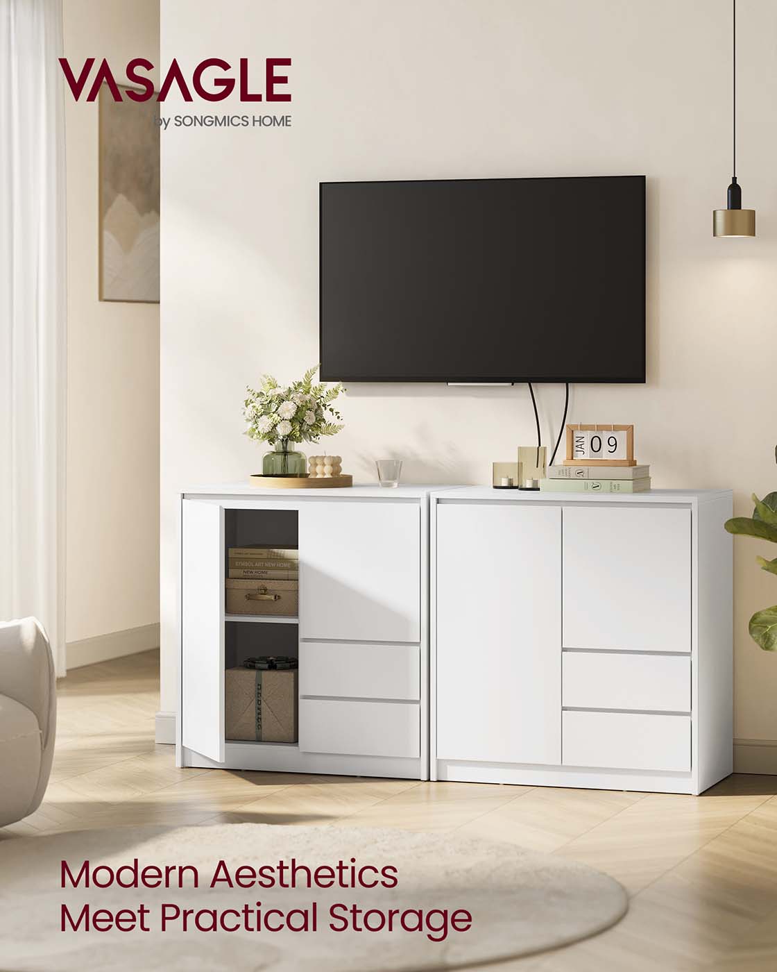 Sideboard Cabinet – Engineered Wood – Cloud White – Adjustable Shelf and Drawers