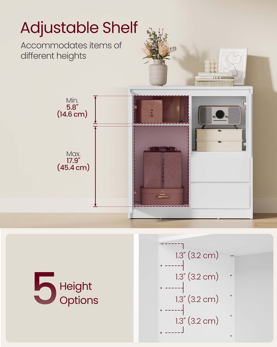 Sideboard Cabinet – Engineered Wood – Cloud White – Adjustable Shelf and Drawers