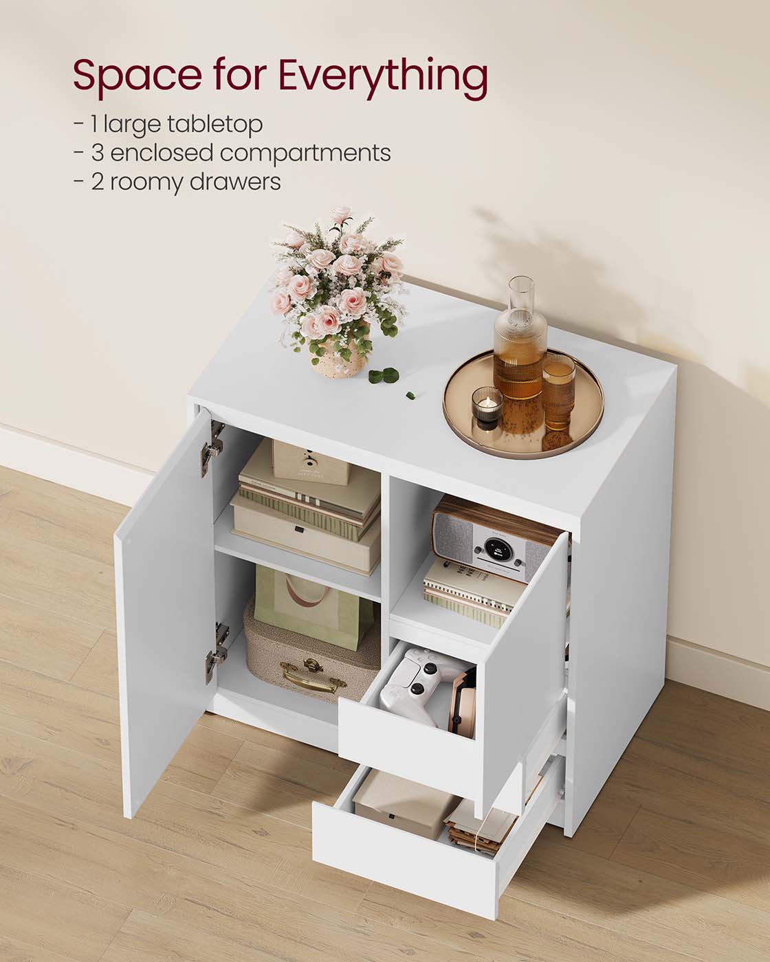 Sideboard Cabinet – Engineered Wood – Cloud White – Adjustable Shelf and Drawers