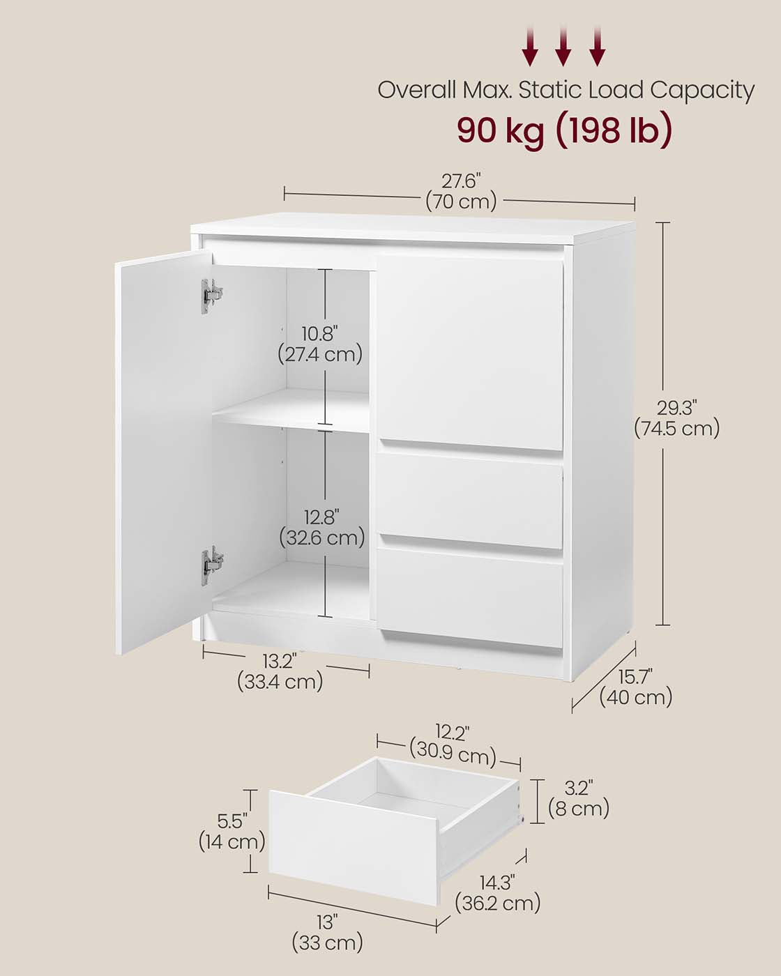 Sideboard Cabinet – Engineered Wood – Cloud White – Adjustable Shelf and Drawers