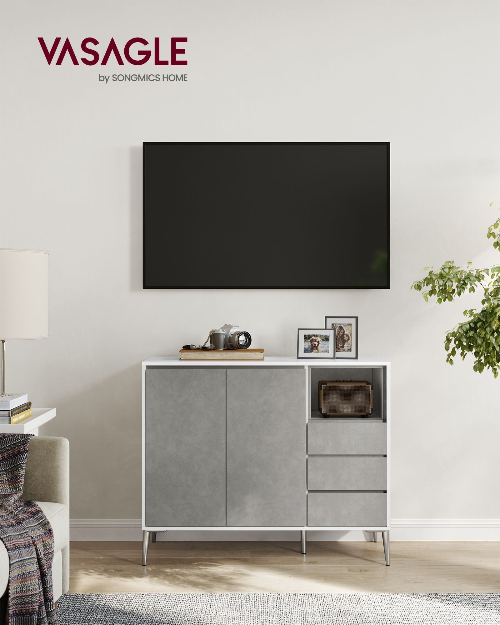 Storage Cabinet – Particle Board – Concrete Grey – Height Adjustable Shelf, 3 Drawers, Modern Design