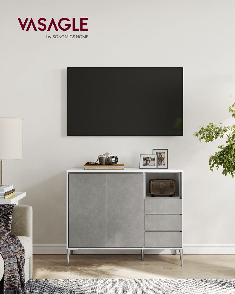 Storage Cabinet – Particle Board – Concrete Grey – Height Adjustable Shelf, 3 Drawers, Modern Design
