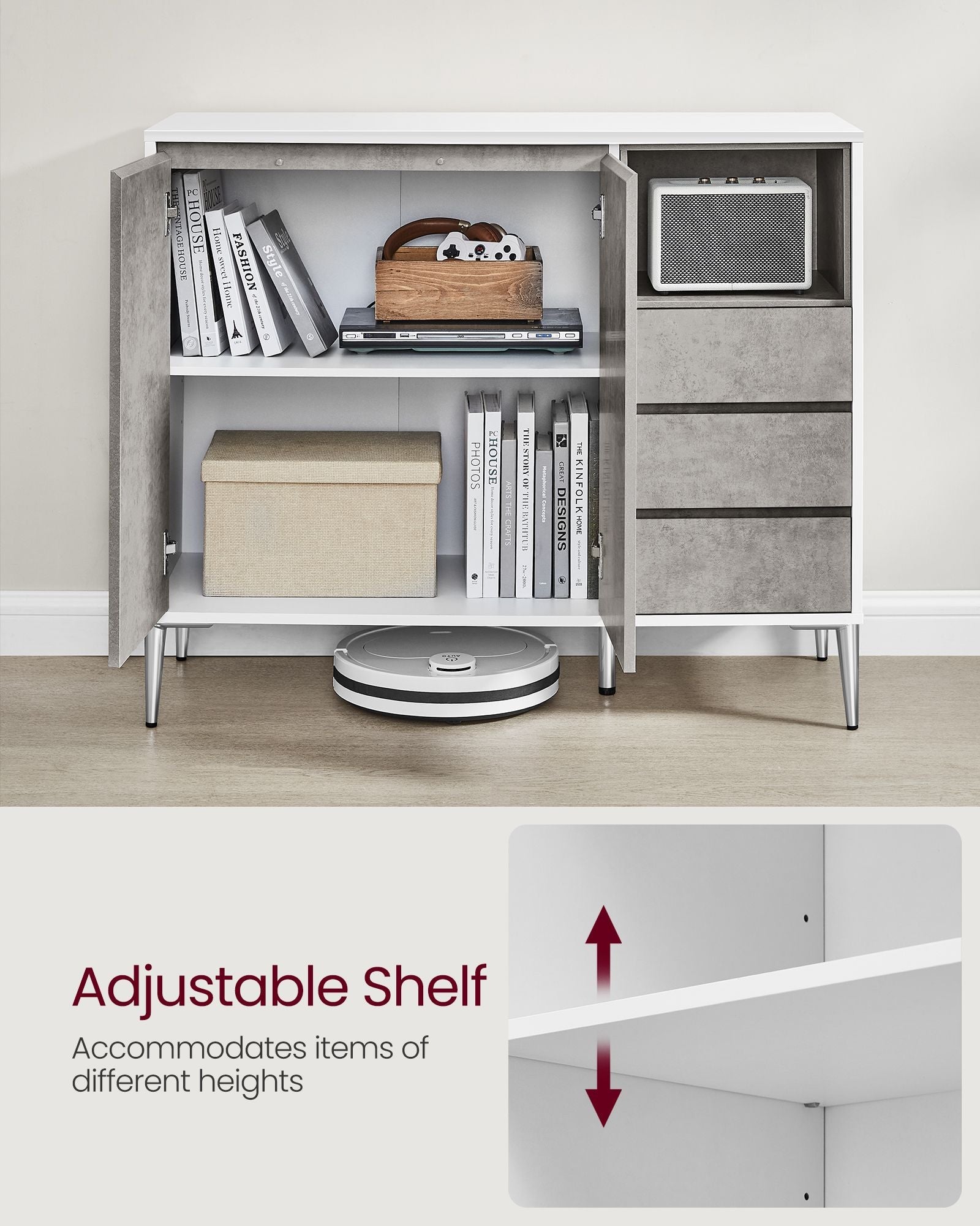 Storage Cabinet – Particle Board – Concrete Grey – Height Adjustable Shelf, 3 Drawers, Modern Design