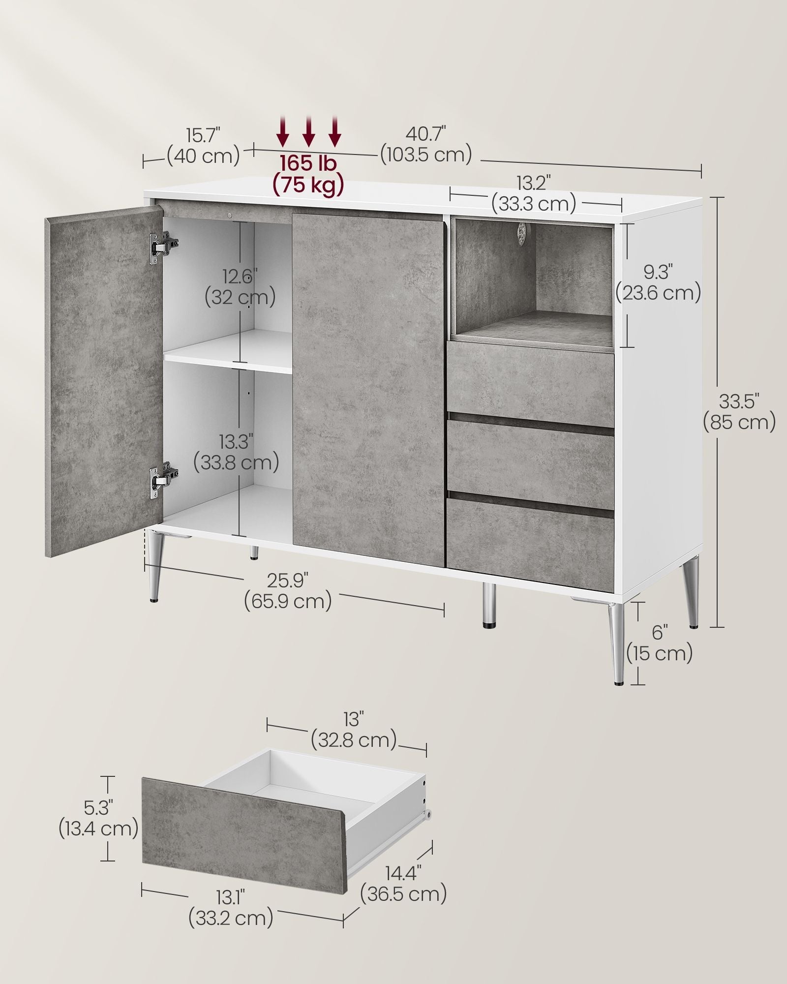 Storage Cabinet – Particle Board – Concrete Grey – Height Adjustable Shelf, 3 Drawers, Modern Design