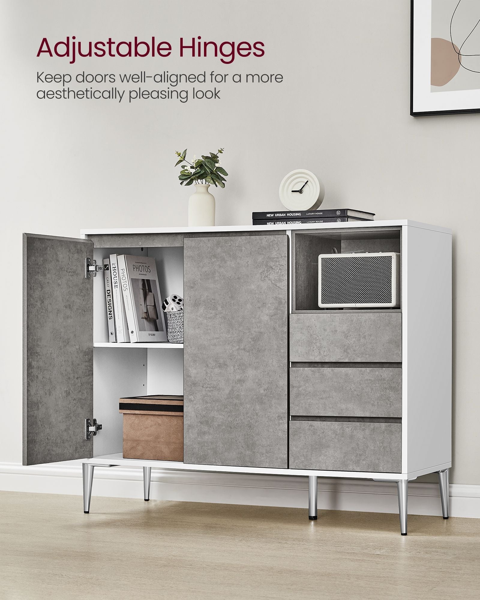 Storage Cabinet – Particle Board – Concrete Grey – Height Adjustable Shelf, 3 Drawers, Modern Design