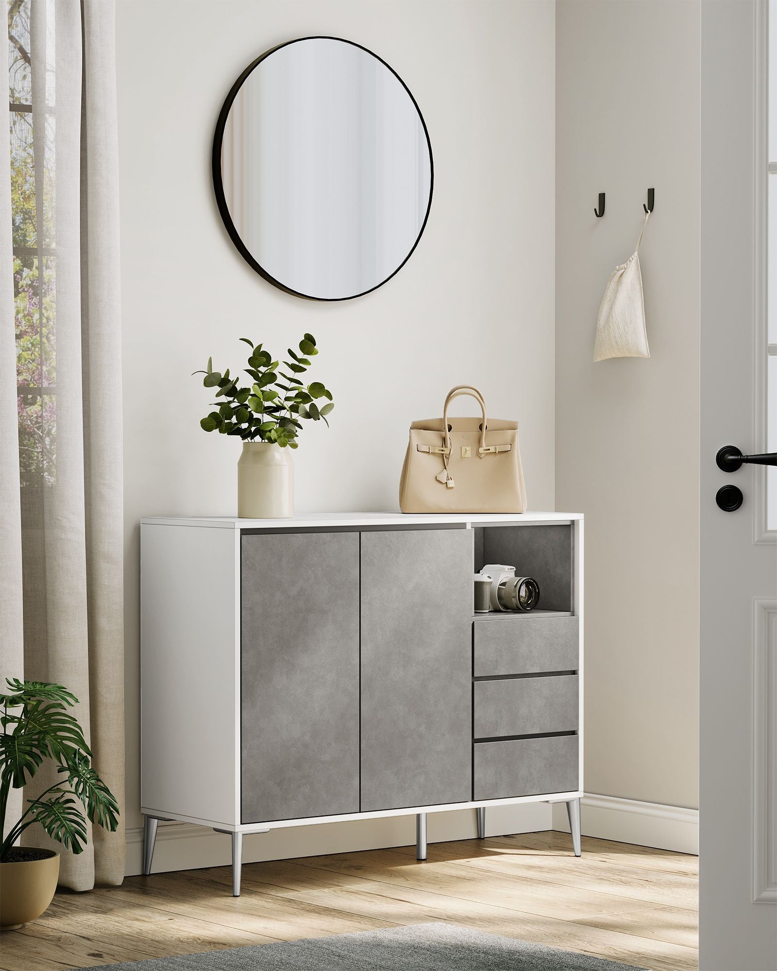 Storage Cabinet – Particle Board – Concrete Grey – Height Adjustable Shelf, 3 Drawers, Modern Design