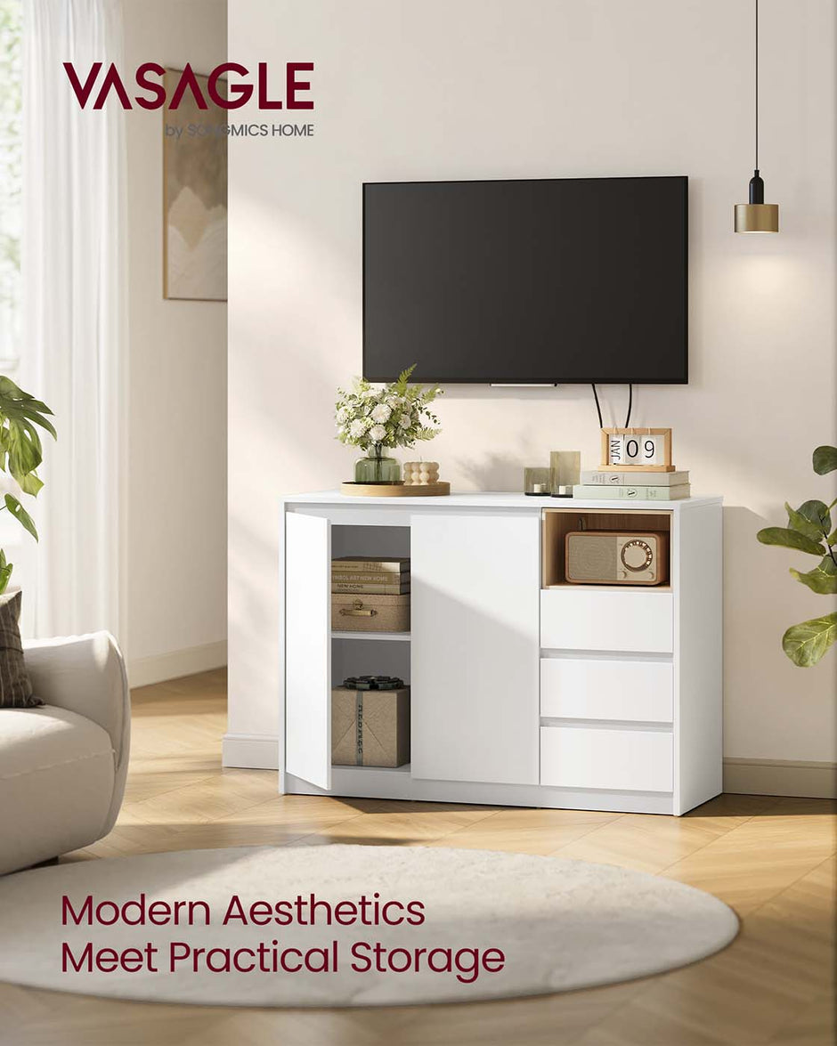 Sideboard Cabinet – Wood – Cloud White – Adjustable Shelf and 3 Drawers