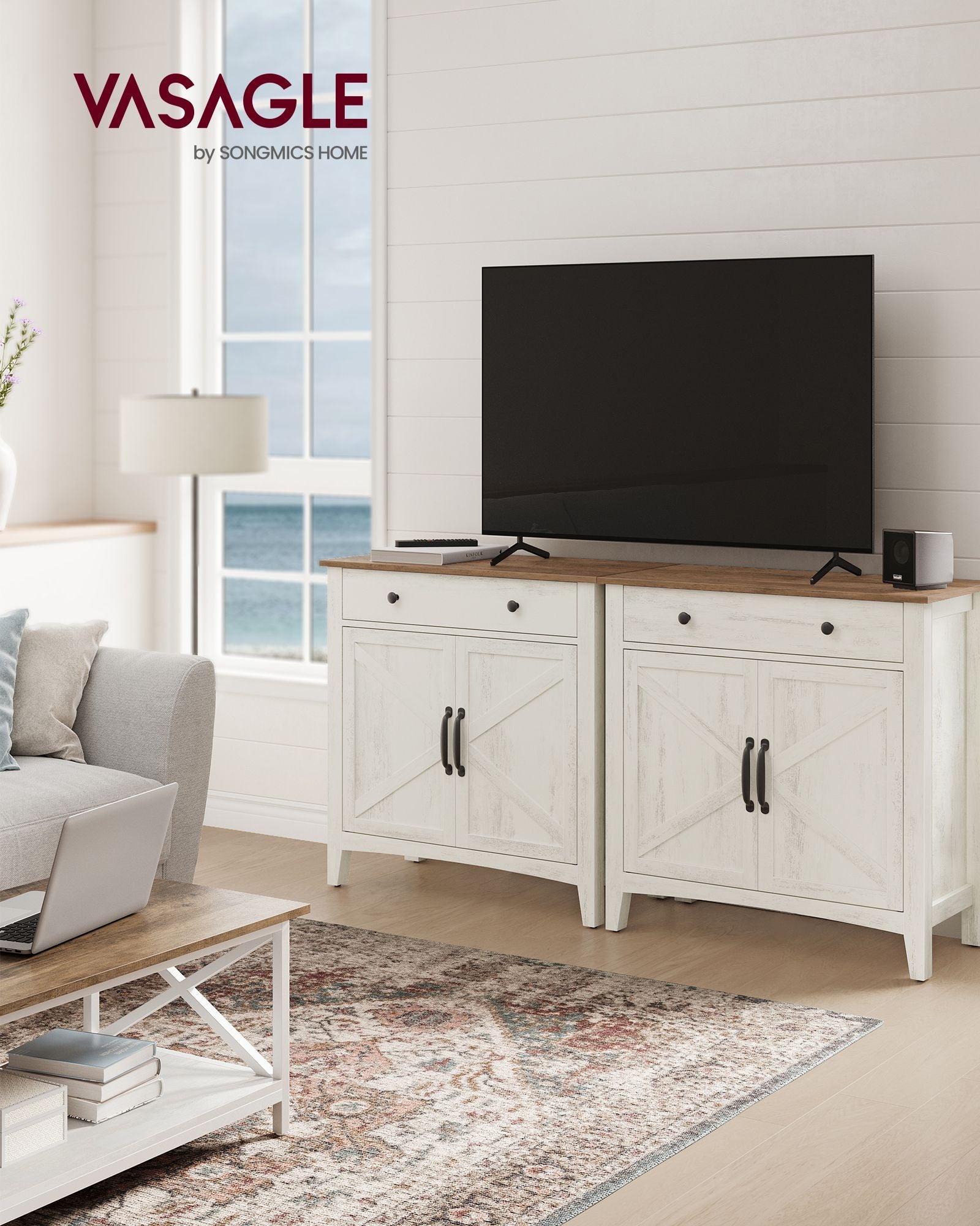 Storage Sideboard – Wood – Rustic White and Honey Brown – Adjustable Shelf and Drawer