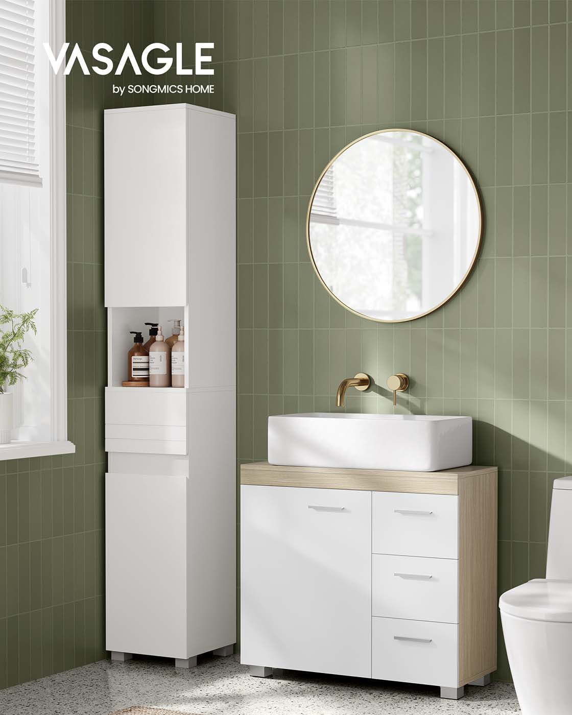 Under Sink Bathroom Cabinet – Wood – White – Featuring 3 Drawers and 2 Compartments