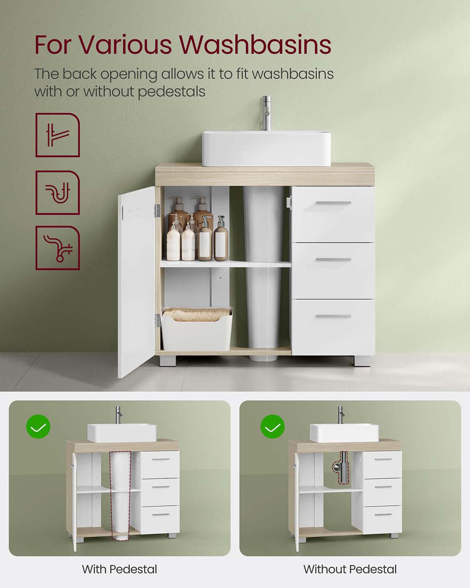 Under Sink Bathroom Cabinet – Wood – White – Featuring 3 Drawers and 2 Compartments