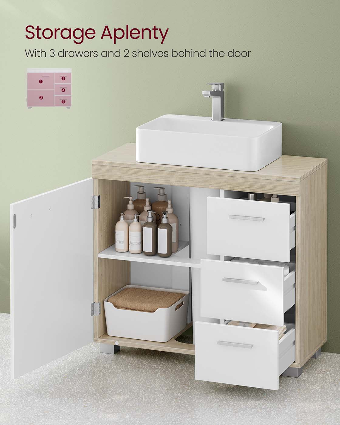Under Sink Bathroom Cabinet – Wood – White – Featuring 3 Drawers and 2 Compartments