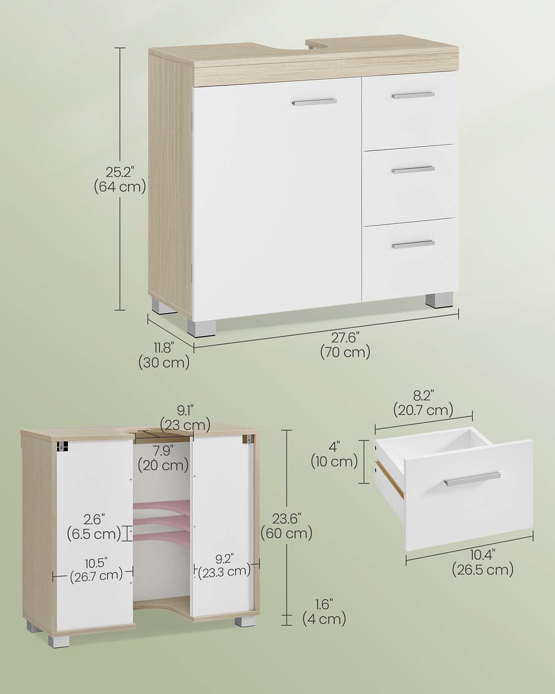 Under Sink Bathroom Cabinet – Wood – White – Featuring 3 Drawers and 2 Compartments