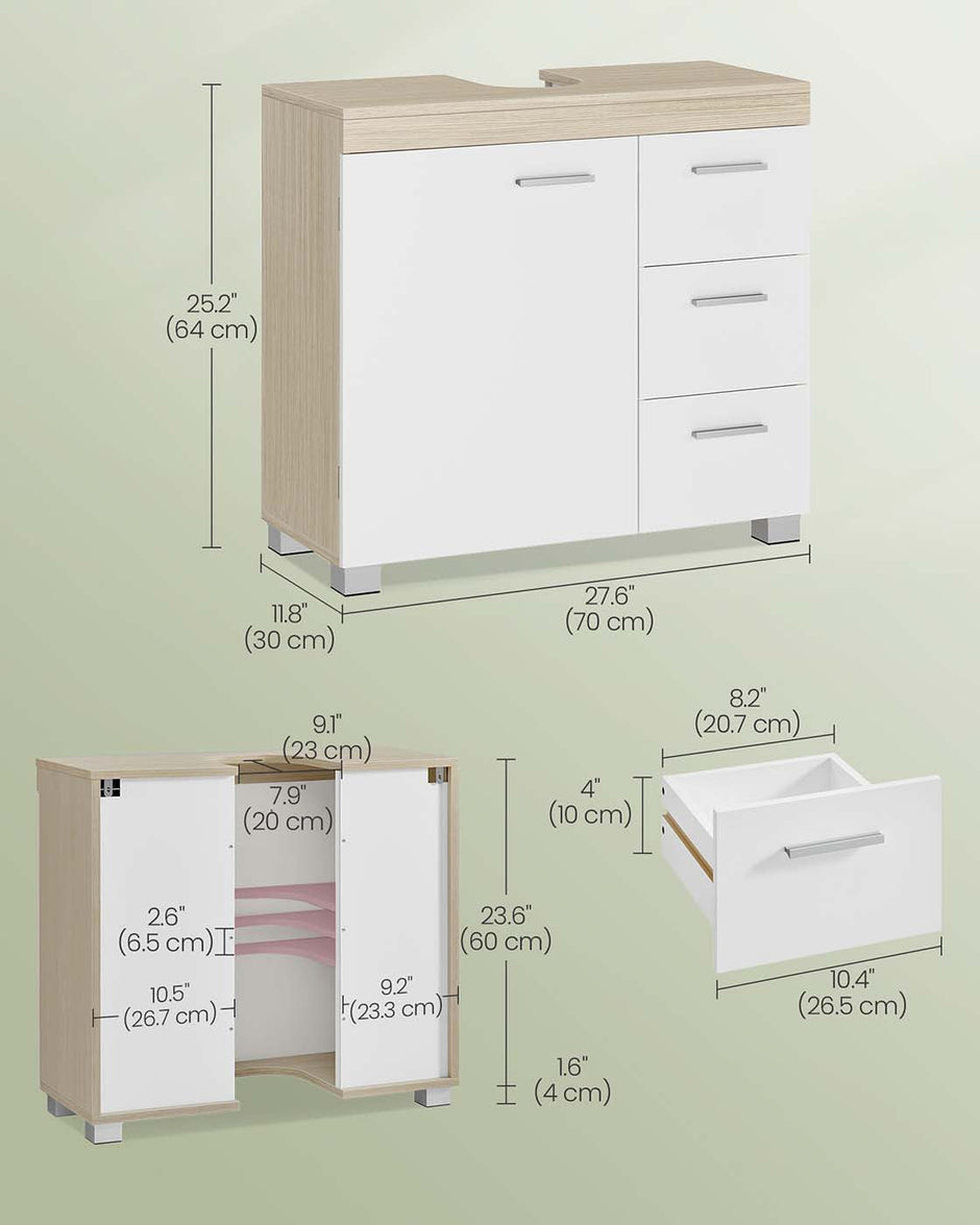 Under Sink Bathroom Cabinet – Wood – White – Featuring 3 Drawers and 2 Compartments