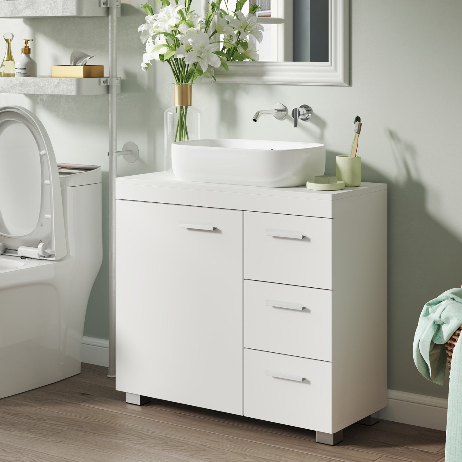 Under Sink Bathroom Storage Cabinet – Wood – Cloud White and Dove Grey – 3 Drawers