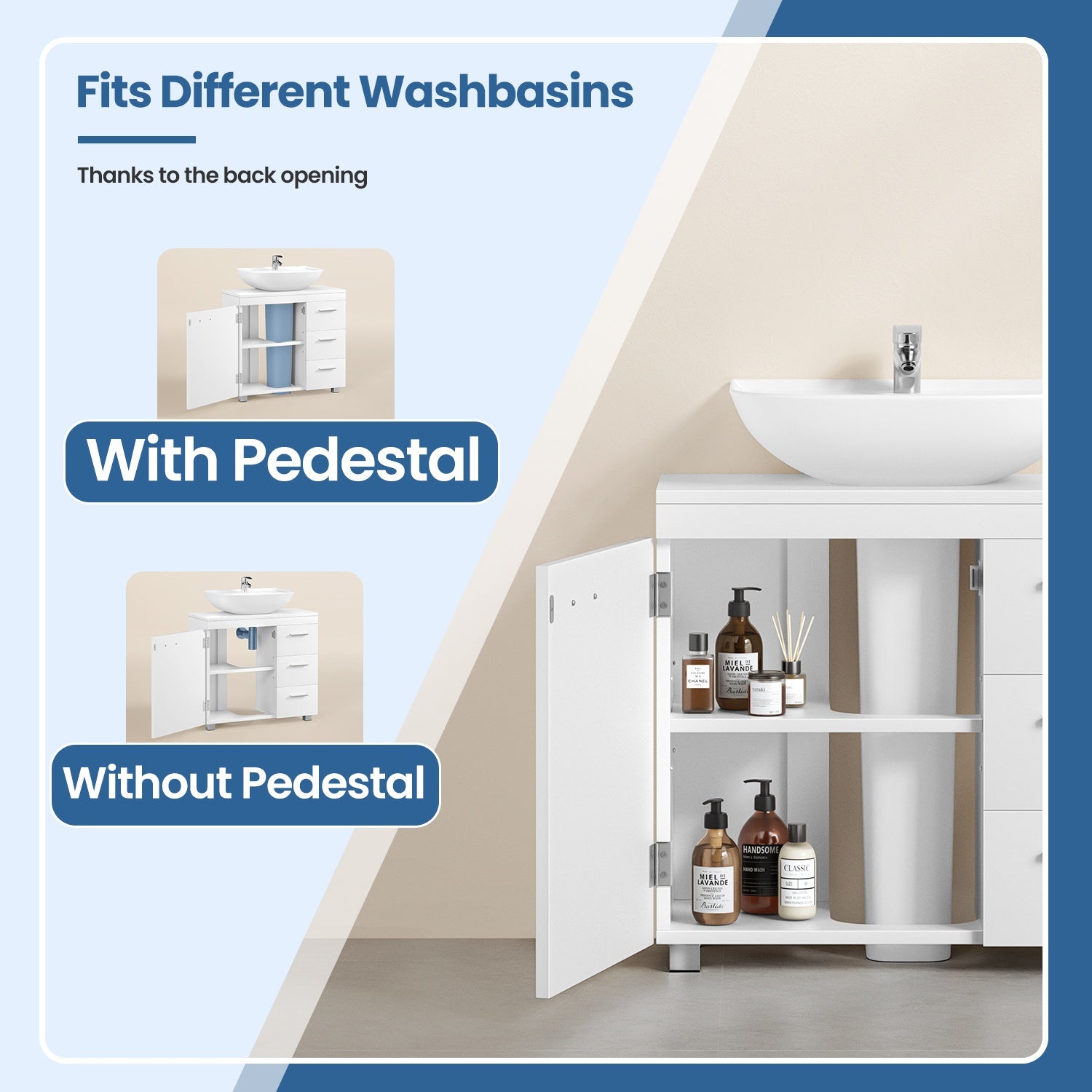 Under Sink Bathroom Storage Cabinet – Wood – Cloud White and Dove Grey – 3 Drawers