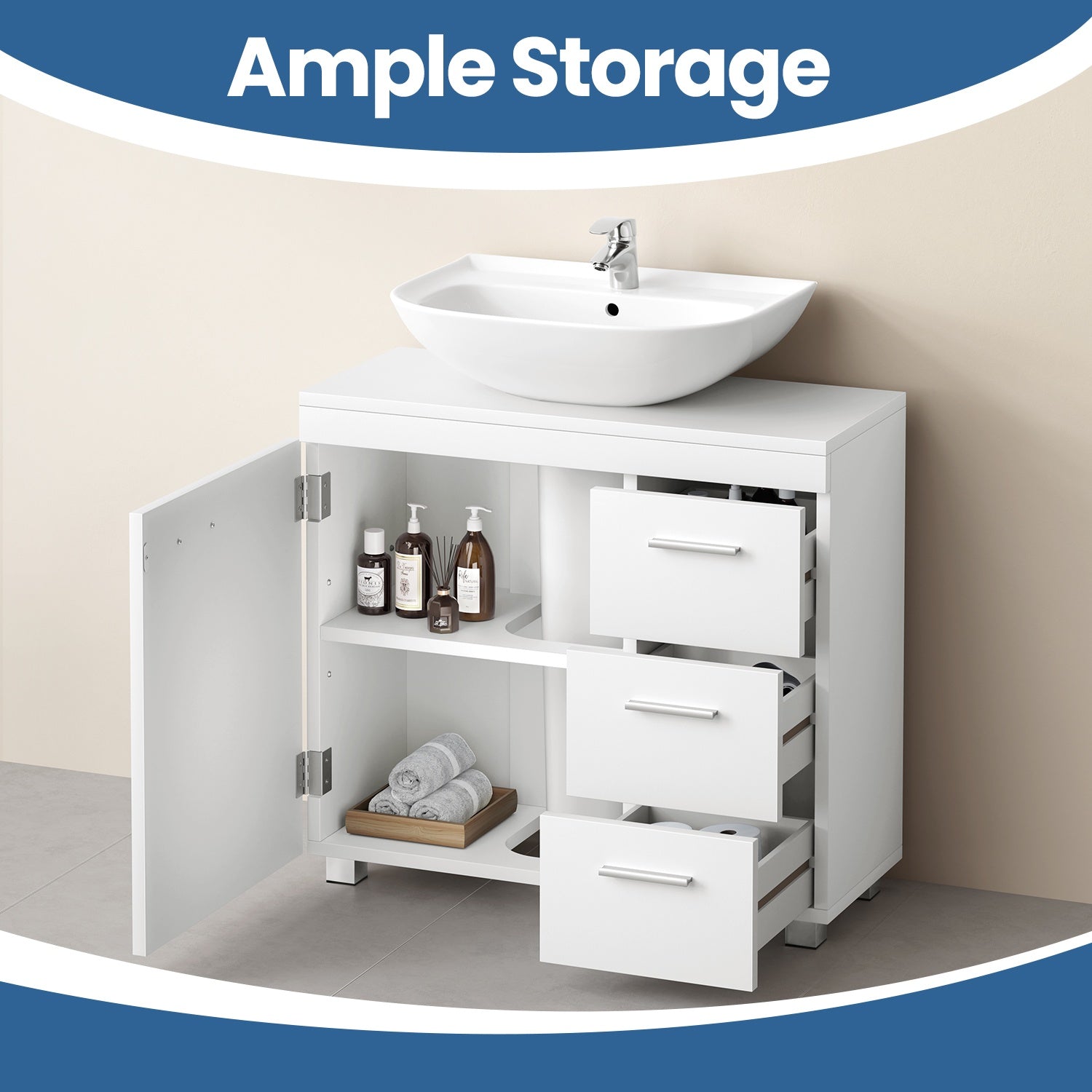 Under Sink Bathroom Storage Cabinet – Wood – Cloud White and Dove Grey – 3 Drawers