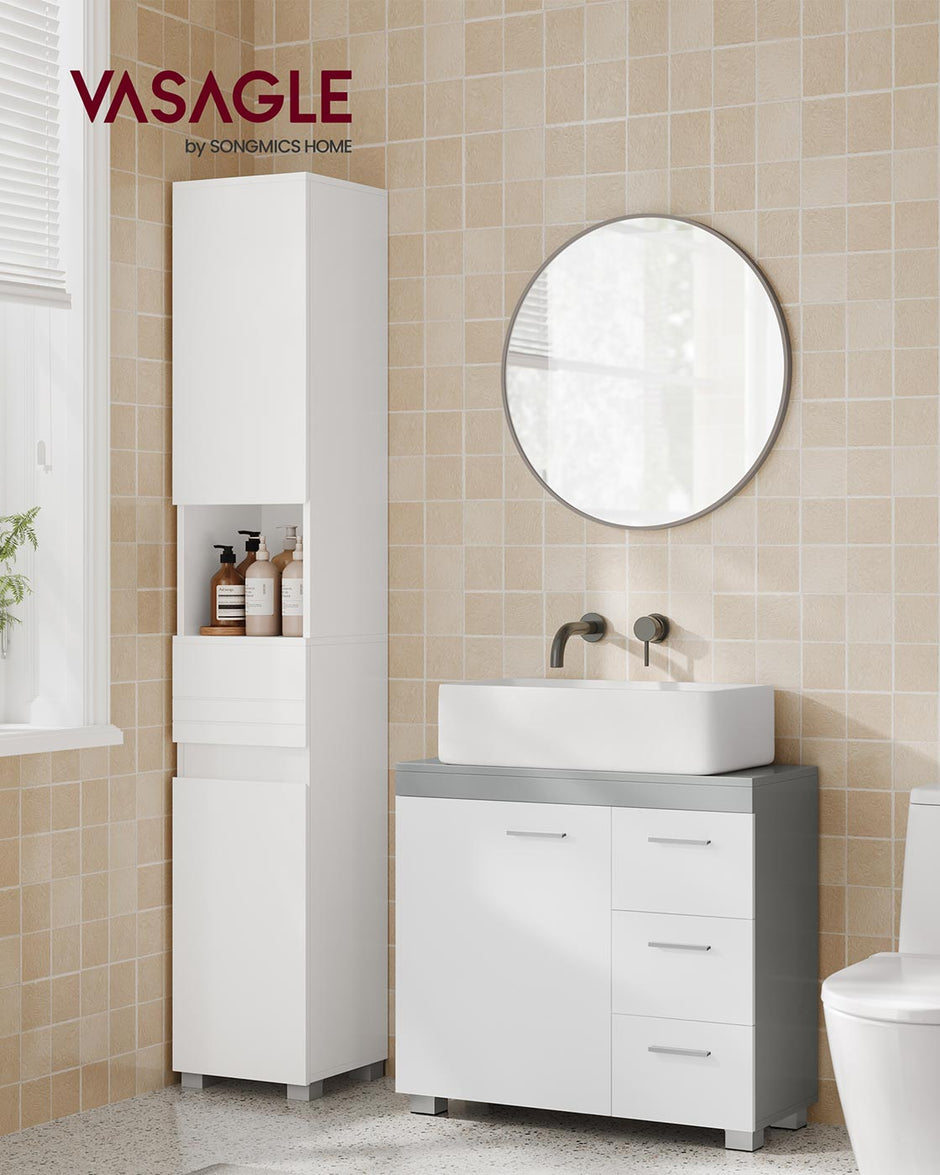 Under Sink Bathroom Cabinet – Wood – White – 3 Drawers, 2 Compartments