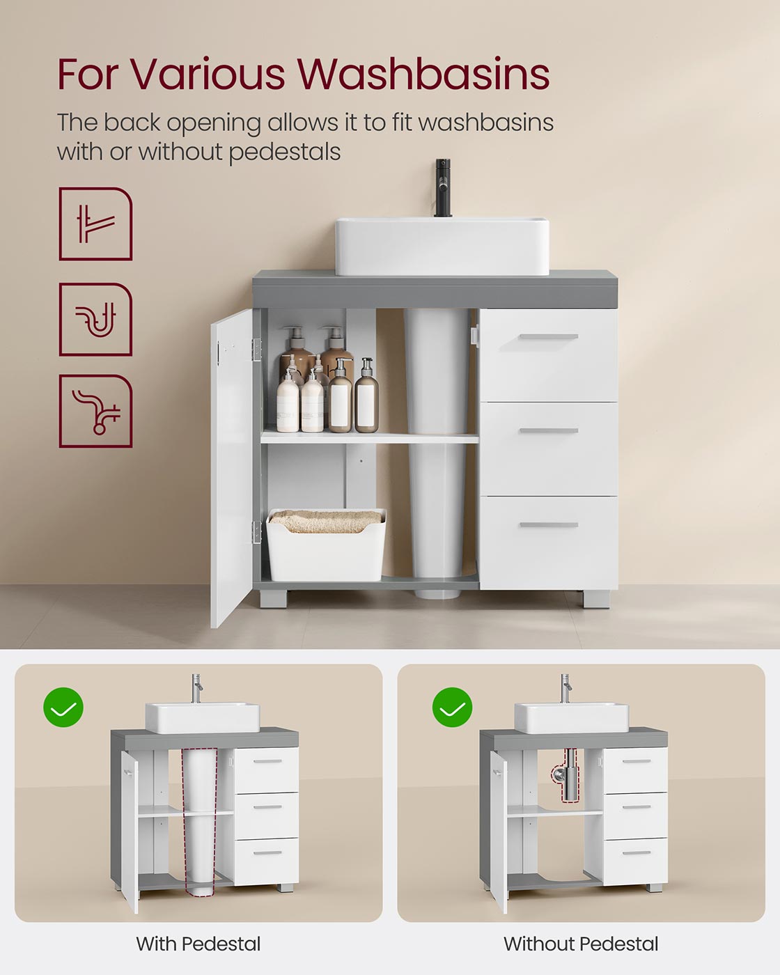 Under Sink Bathroom Cabinet – Wood – White – 3 Drawers, 2 Compartments