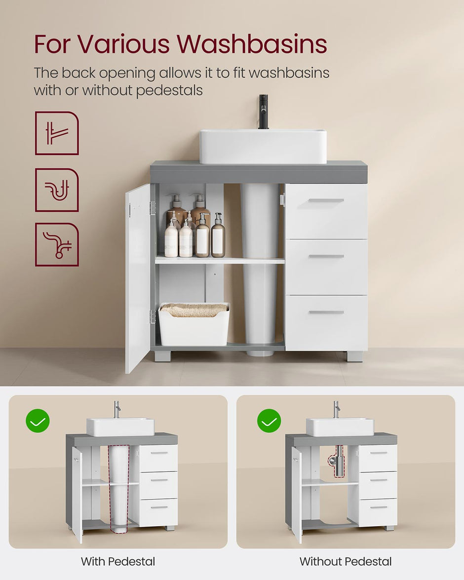 Under Sink Bathroom Cabinet – Wood – White – 3 Drawers, 2 Compartments