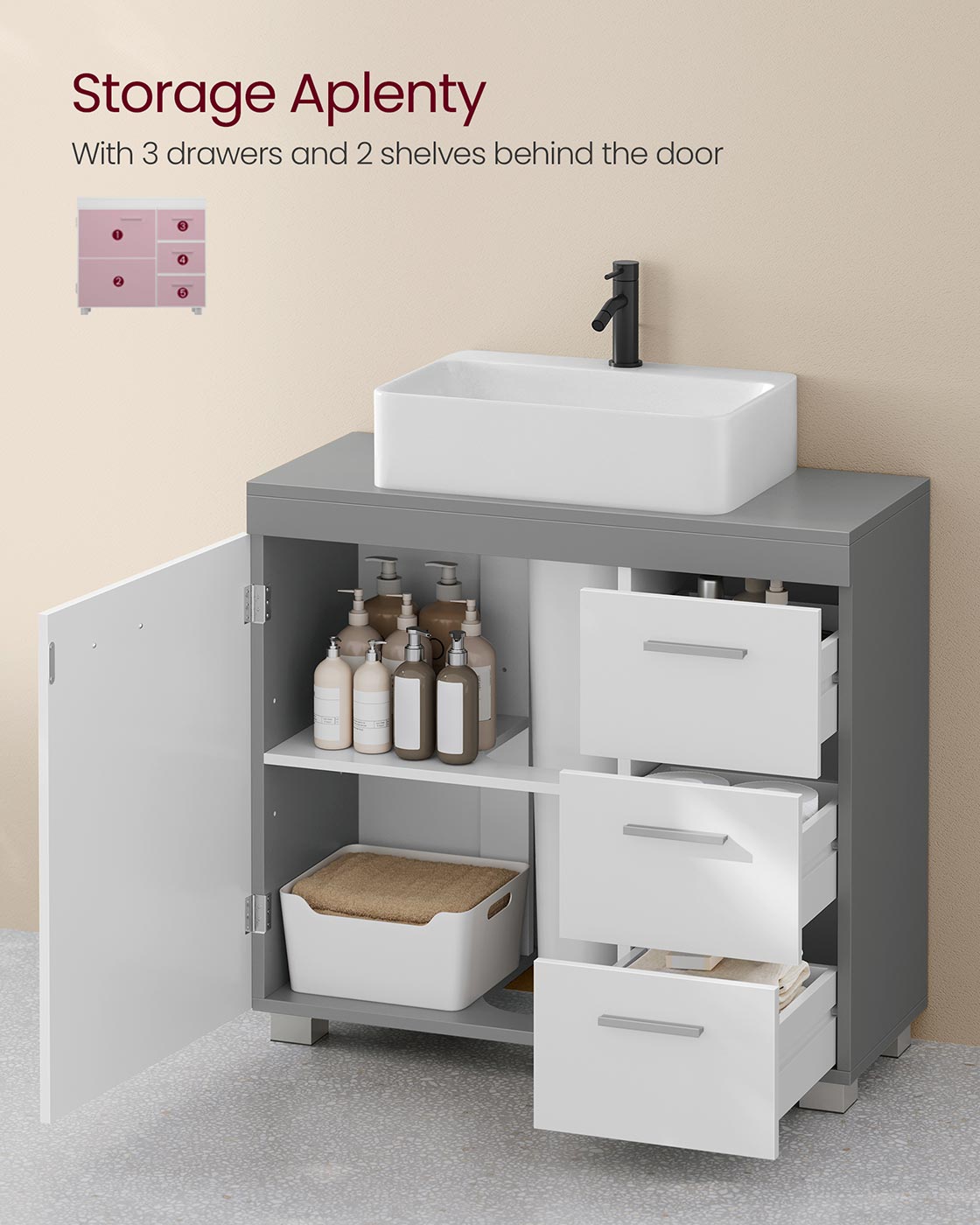 Under Sink Bathroom Cabinet – Wood – White – 3 Drawers, 2 Compartments